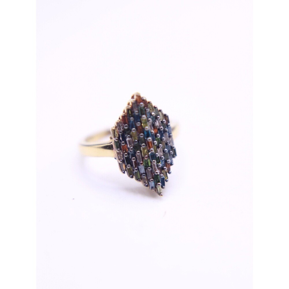 925 Silver Gold-Plated Multi-Color Baguette Diamond Cluster Ring Size 7.5